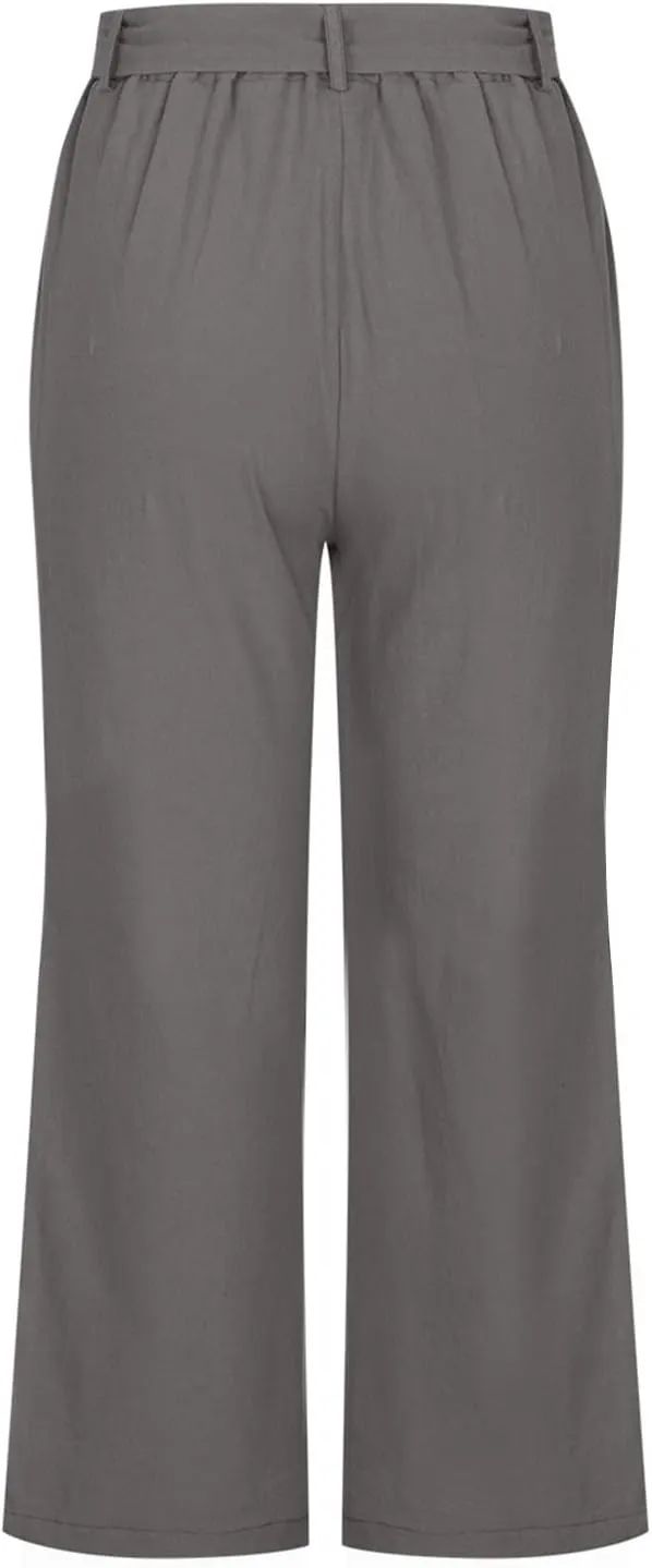 Capri Pants for Women 2025 Summer Elastic Waist Straight Pant Drawstring Wide Leg Cotton Linen Lightweight Trousers