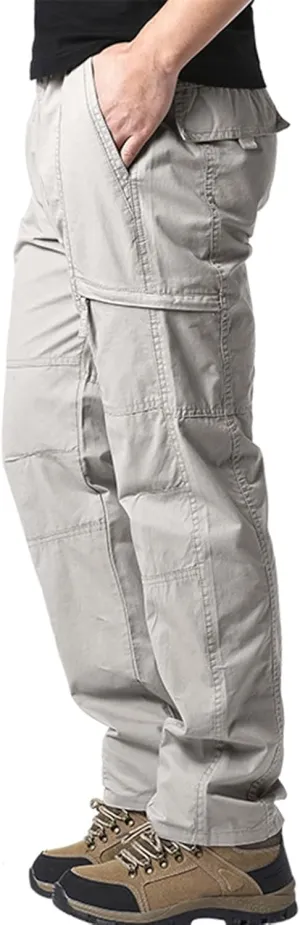 Cargo Pants for Men Cotton Loose Relaxed Fit Buckle Zip Hiking Ripstop Multipocket Mountaining Workout Retro Trousers