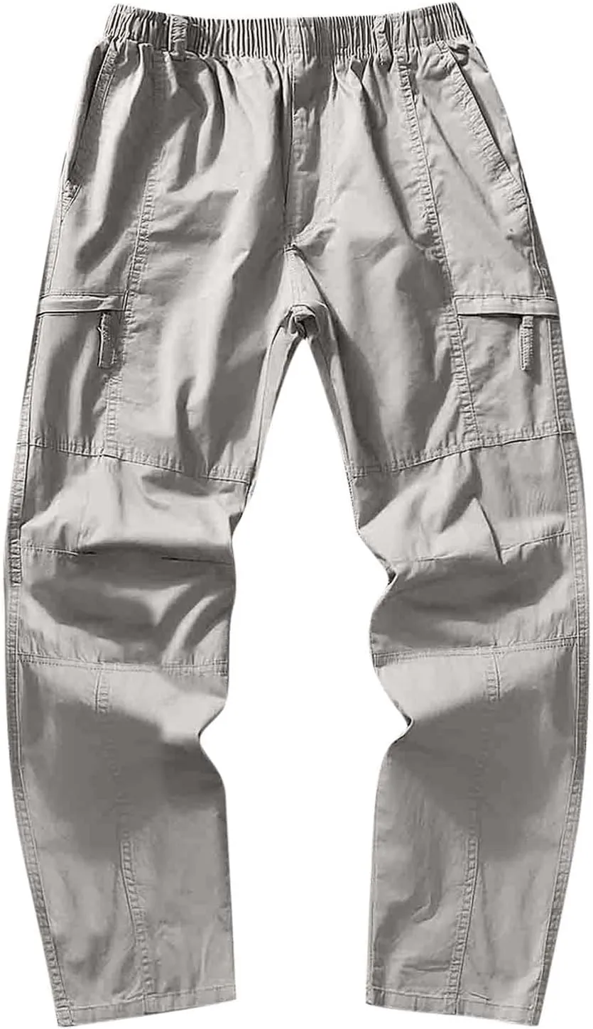 Cargo Pants for Men Cotton Loose Relaxed Fit Buckle Zip Hiking Ripstop Multipocket Mountaining Workout Retro Trousers