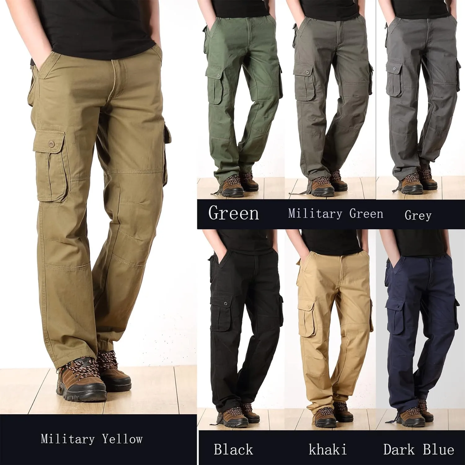 Cargo Pants for Men Relaxed Fit Casual Work Trousers Cotton Hiking Tactical Pants with 6 Pockets (38,Khaki)