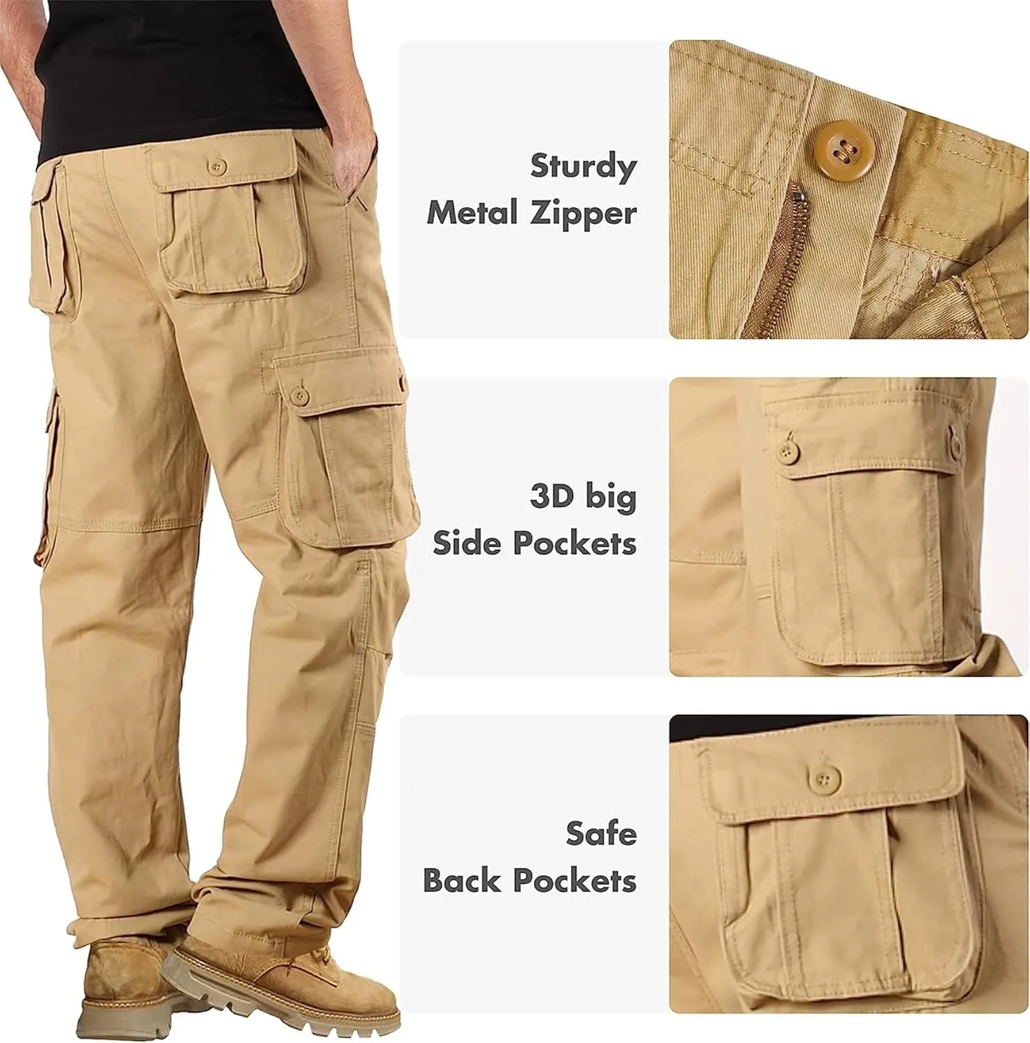 Cargo Pants for Men Relaxed Fit Casual Work Trousers Cotton Hiking Tactical Pants with 6 Pockets (38,Khaki)