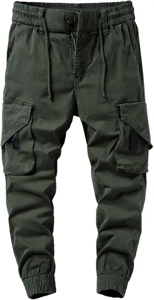 Cargo Pants for Men Work Front Button Cinch Bottom Workout Tactical Pants Elastic Waist Multi Pockets Travel Joggers