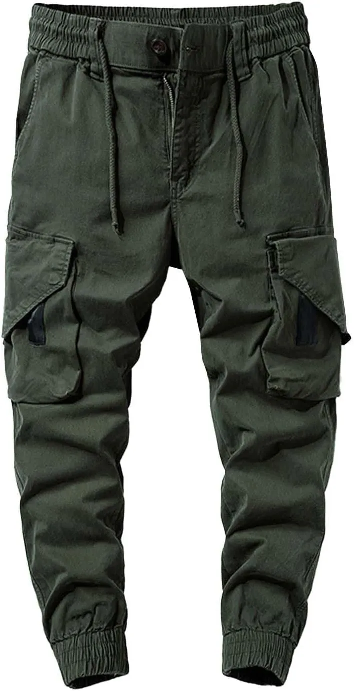 Cargo Pants for Men Work Front Button Cinch Bottom Workout Tactical Pants Elastic Waist Multi Pockets Travel Joggers