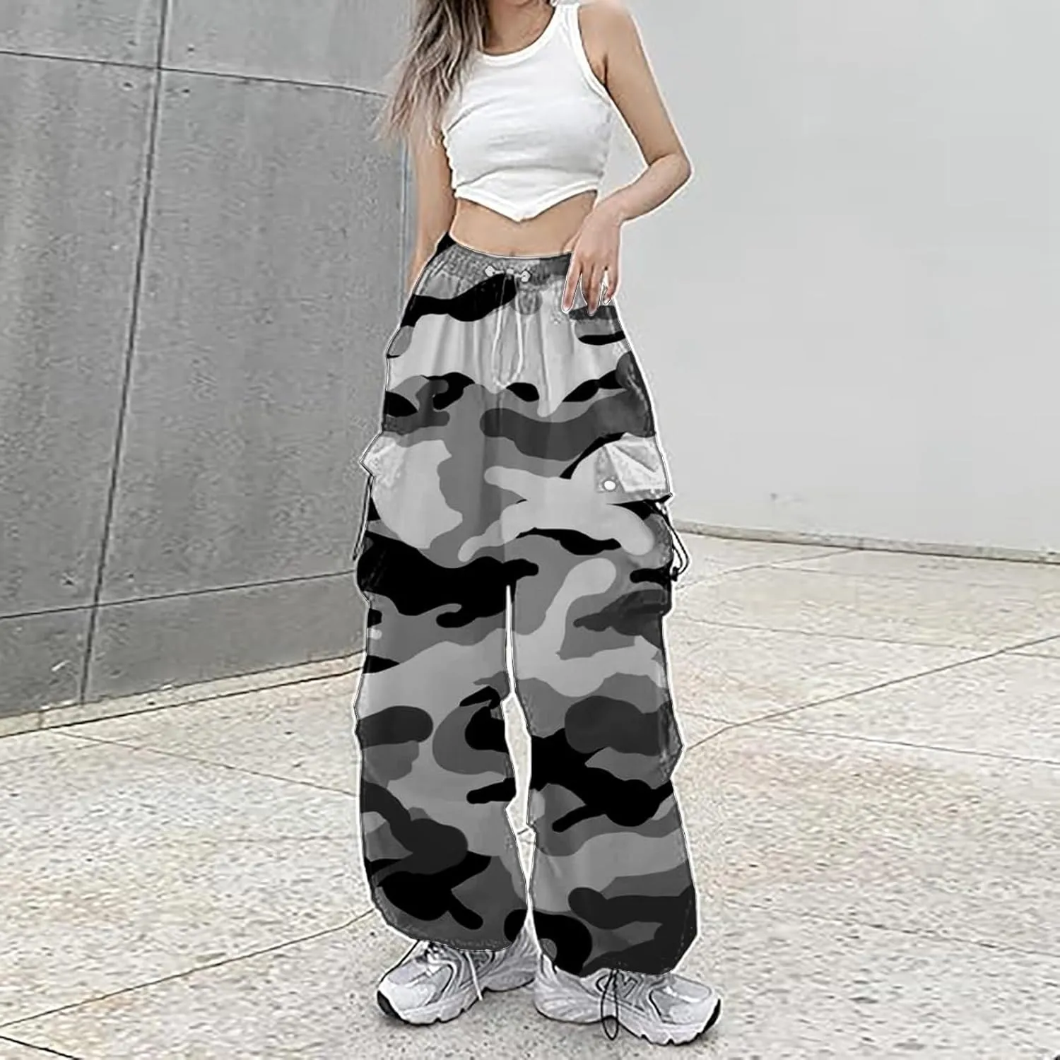 Cargo Pants Women Baggy Y2K High Waisted Plus Size Camo Parachute Track Pants Elastic Adjustable Hiking Joggers with Pockets