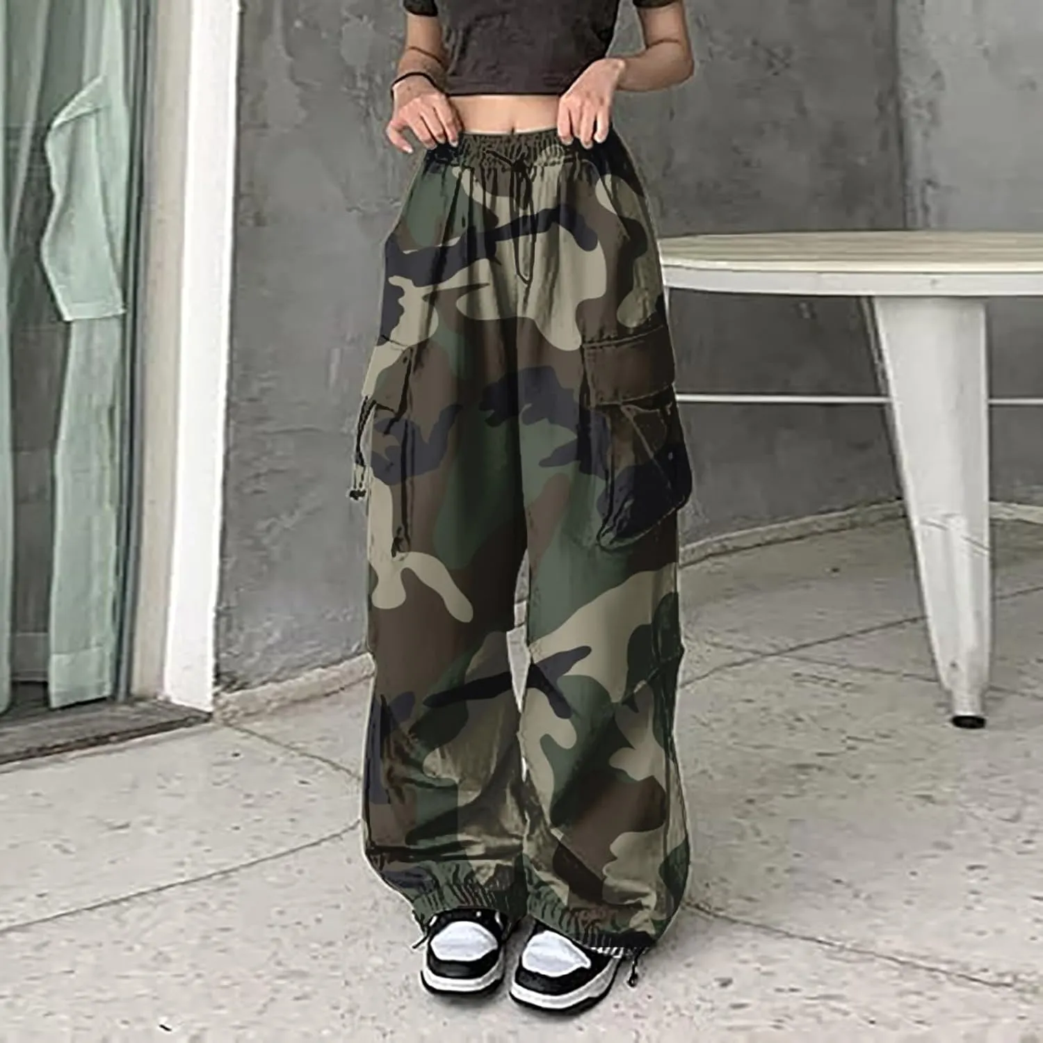 Cargo Pants Women Baggy Y2K High Waisted Plus Size Camo Parachute Track Pants Elastic Adjustable Hiking Joggers with Pockets