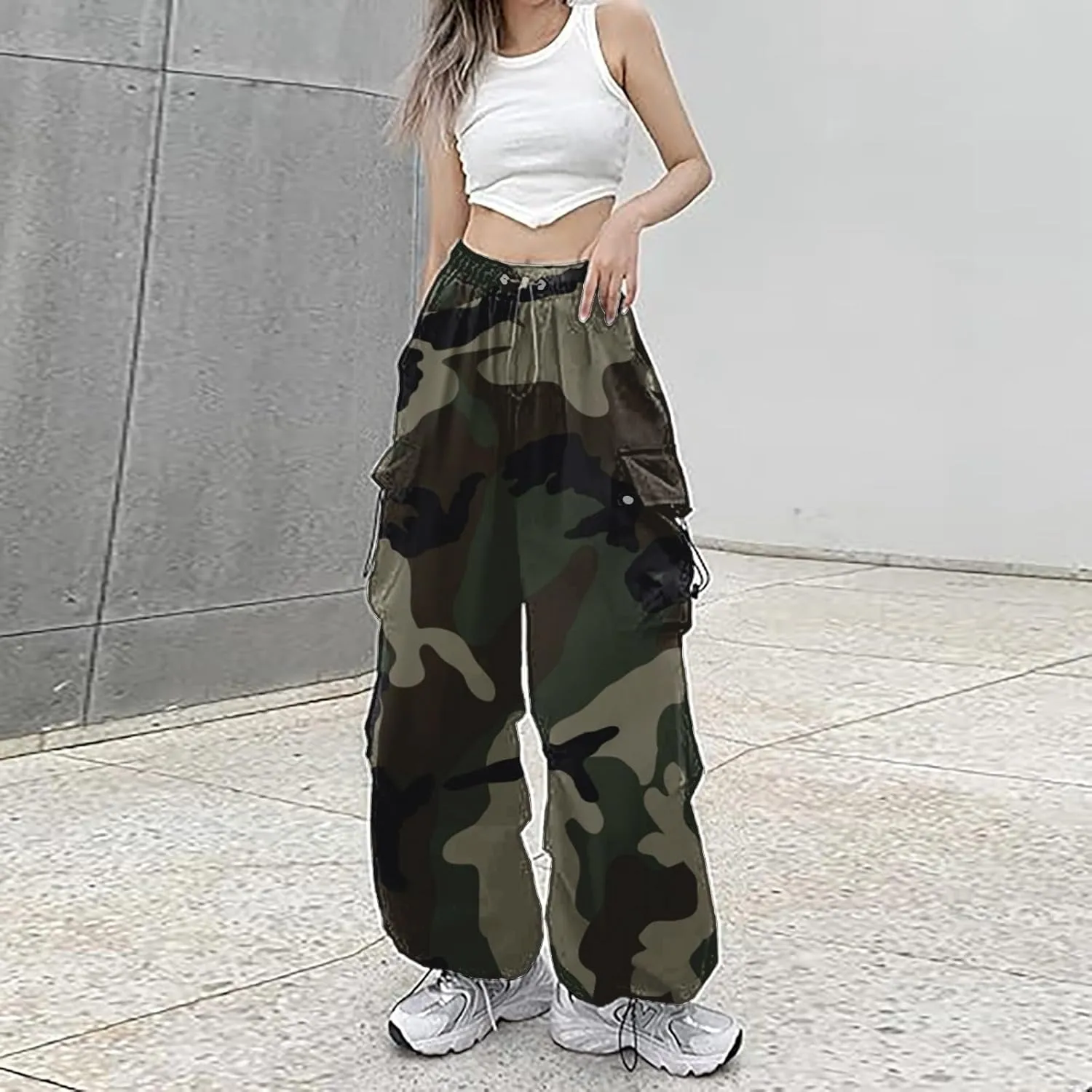 Cargo Pants Women Baggy Y2K High Waisted Plus Size Camo Parachute Track Pants Elastic Adjustable Hiking Joggers with Pockets