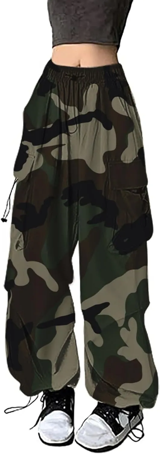 Cargo Pants Women Baggy Y2K High Waisted Plus Size Camo Parachute Track Pants Elastic Adjustable Hiking Joggers with Pockets