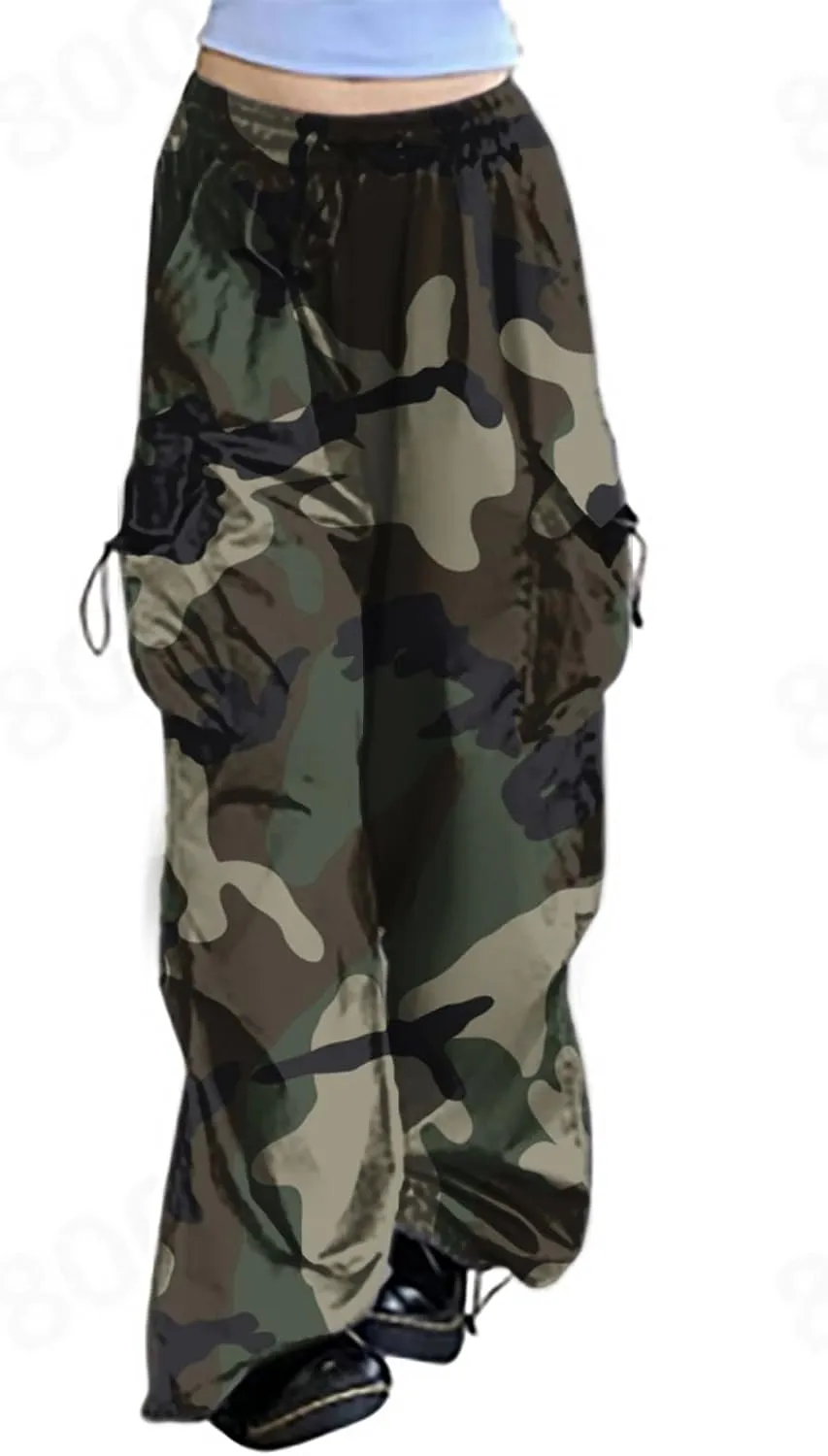 Cargo Pants Women Baggy Y2K High Waisted Plus Size Camo Parachute Track Pants Elastic Adjustable Hiking Joggers with Pockets