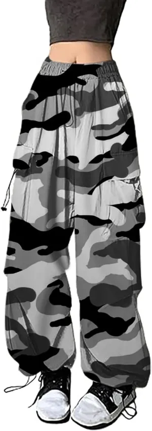 Cargo Pants Women Baggy Y2K High Waisted Plus Size Camo Parachute Track Pants Elastic Adjustable Hiking Joggers with Pockets