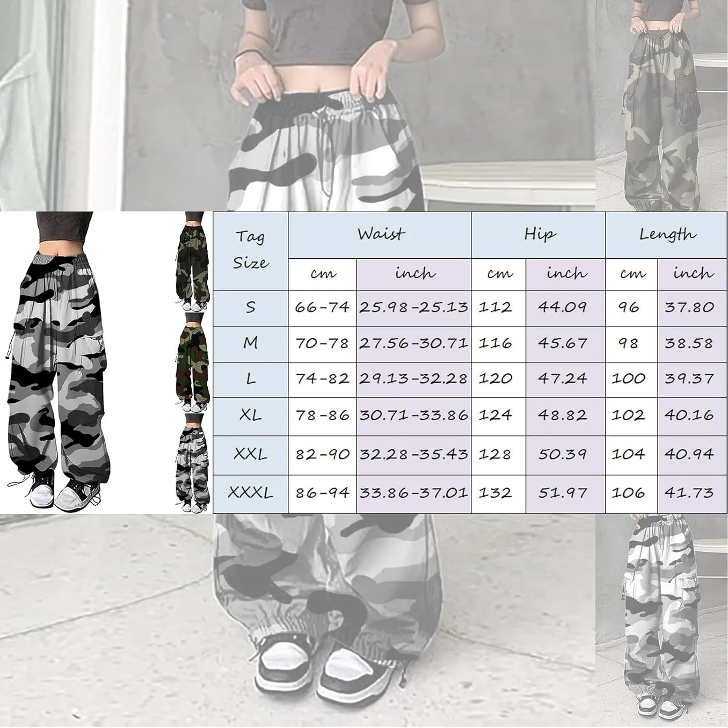 Cargo Pants Women Baggy Y2K High Waisted Plus Size Camo Parachute Track Pants Elastic Adjustable Hiking Joggers with Pockets