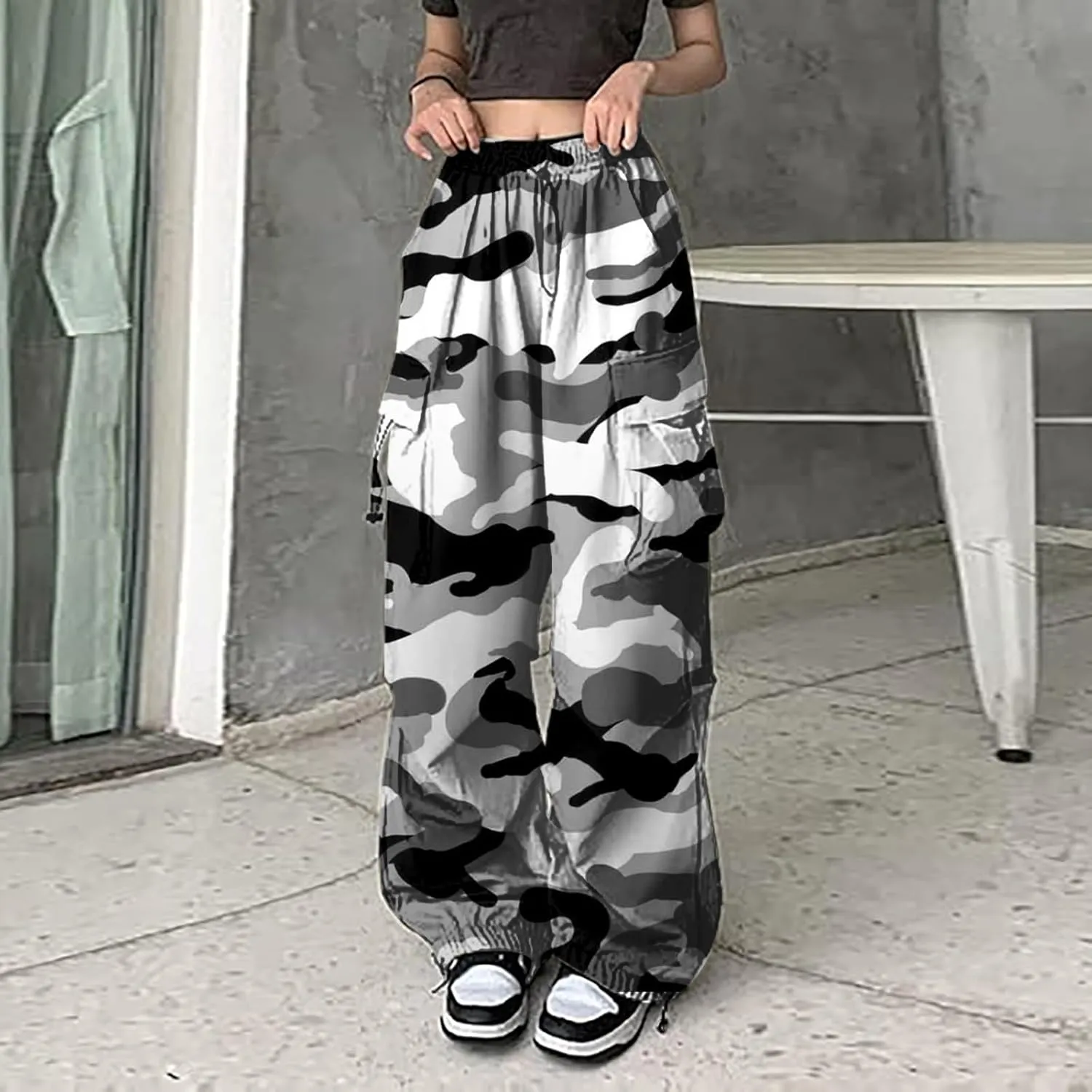 Cargo Pants Women Baggy Y2K High Waisted Plus Size Camo Parachute Track Pants Elastic Adjustable Hiking Joggers with Pockets