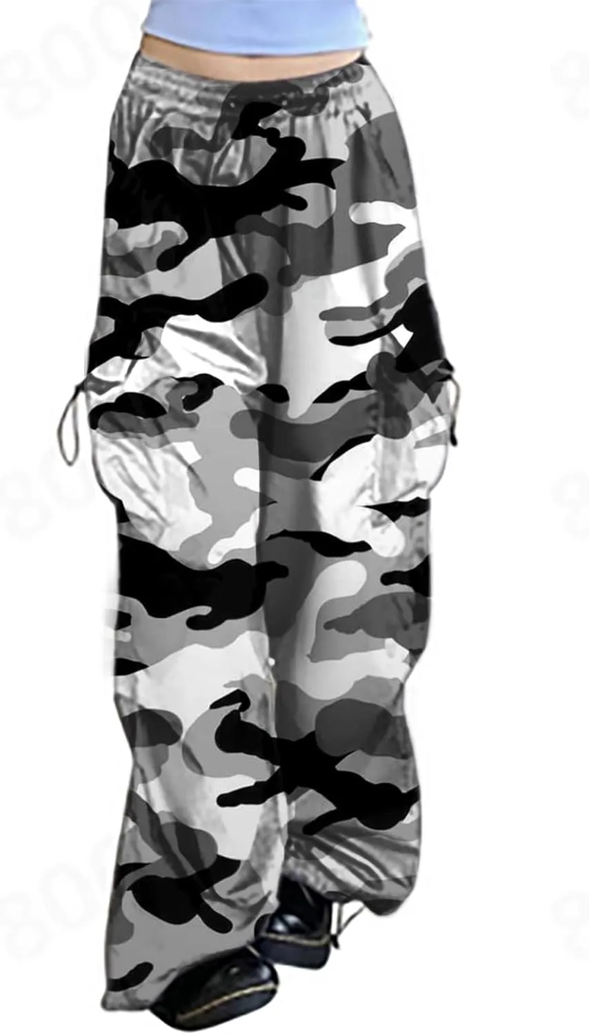 Cargo Pants Women Baggy Y2K High Waisted Plus Size Camo Parachute Track Pants Elastic Adjustable Hiking Joggers with Pockets
