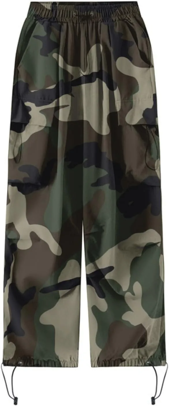 Cargo Pants Women Baggy Y2K High Waisted Plus Size Camo Parachute Track Pants Elastic Adjustable Hiking Joggers with Pockets