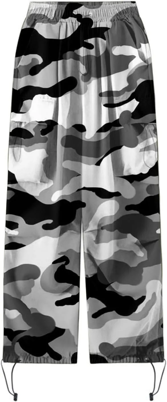 Cargo Pants Women Baggy Y2K High Waisted Plus Size Camo Parachute Track Pants Elastic Adjustable Hiking Joggers with Pockets