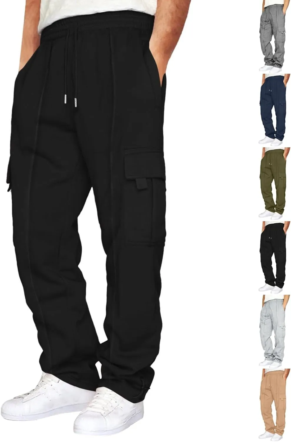 Cargo Sweatpants for Men Fleece Elastic Waist Drawstring Baggy Sweatpants Wide Leg Hiking Pants with Pockets