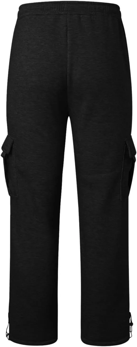 Cargo Sweatpants for Men Fleece Elastic Waist Drawstring Baggy Sweatpants Wide Leg Hiking Pants with Pockets