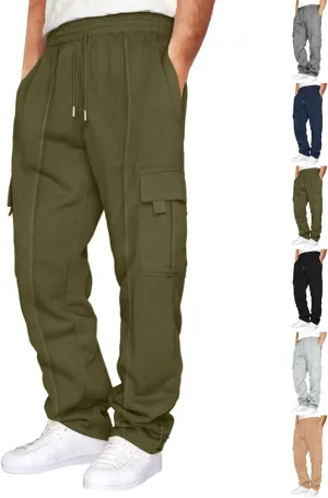 Cargo Sweatpants for Men Fleece Elastic Waist Drawstring Baggy Sweatpants Wide Leg Hiking Pants with Pockets