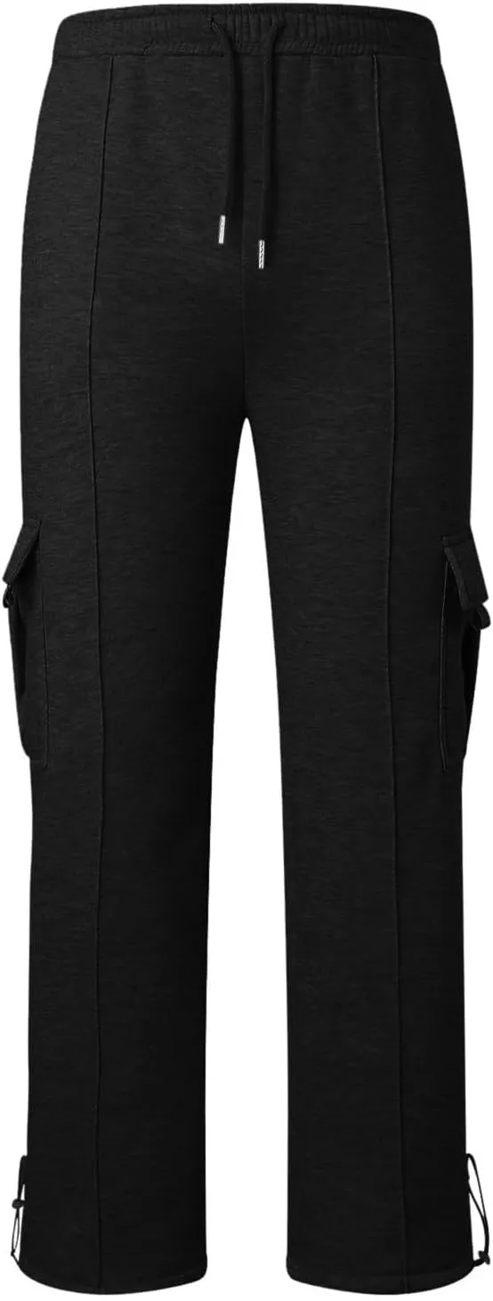 Cargo Sweatpants for Men Fleece Elastic Waist Drawstring Baggy Sweatpants Wide Leg Hiking Pants with Pockets