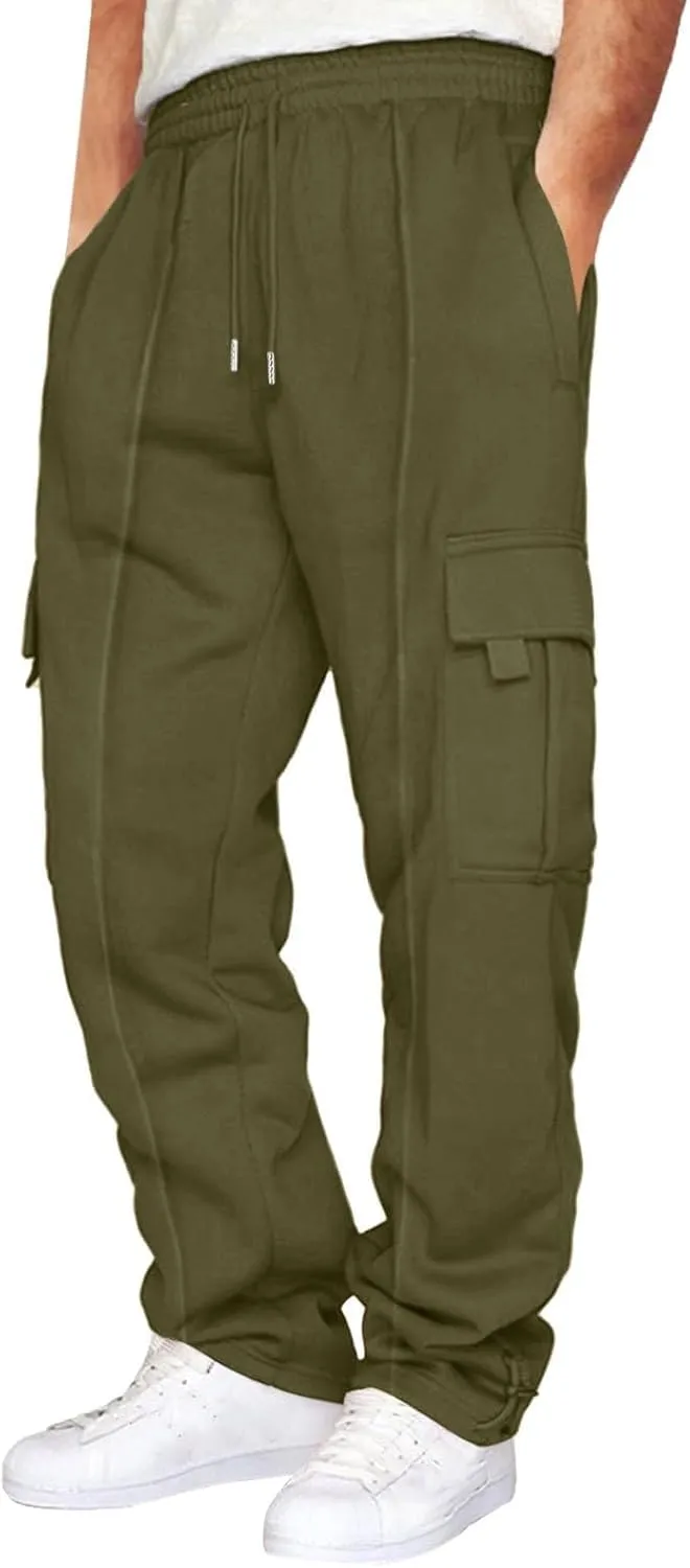 Cargo Sweatpants for Men Fleece Elastic Waist Drawstring Baggy Sweatpants Wide Leg Hiking Pants with Pockets