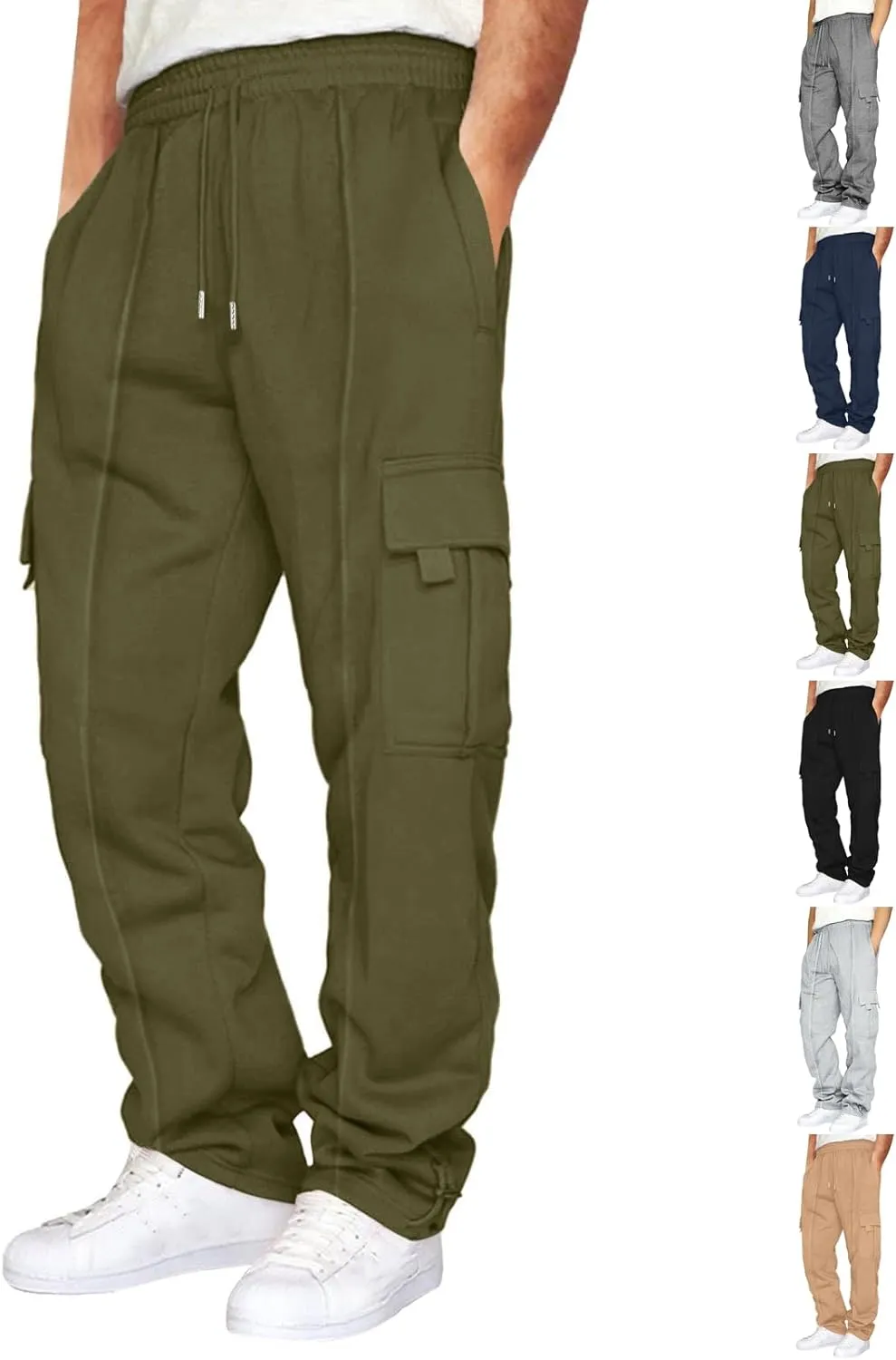Cargo Sweatpants for Men Fleece Elastic Waist Drawstring Baggy Sweatpants Wide Leg Hiking Pants with Pockets