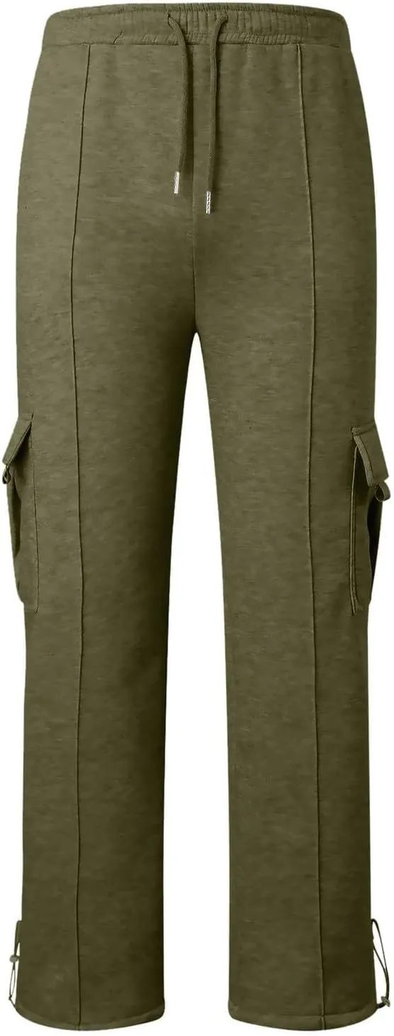 Cargo Sweatpants for Men Fleece Elastic Waist Drawstring Baggy Sweatpants Wide Leg Hiking Pants with Pockets