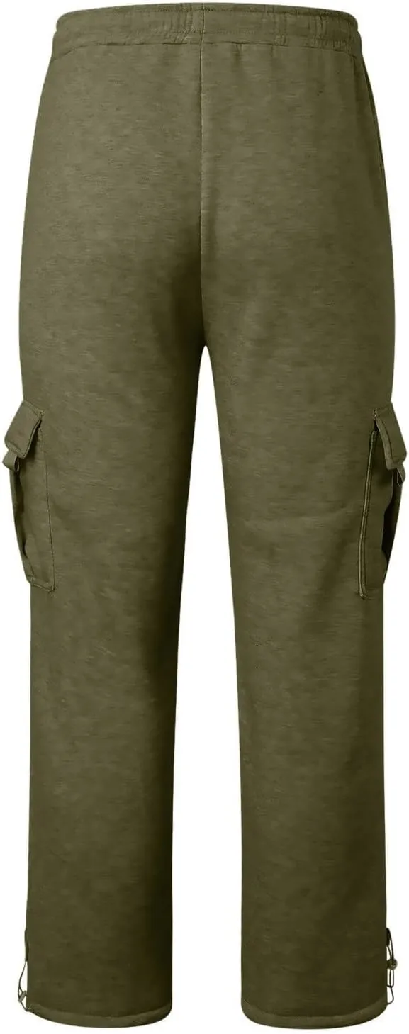 Cargo Sweatpants for Men Fleece Elastic Waist Drawstring Baggy Sweatpants Wide Leg Hiking Pants with Pockets