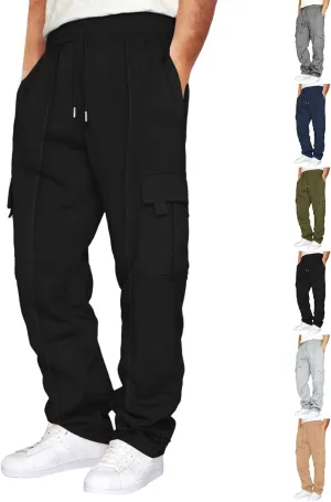 Cargo Sweatpants for Men Fleece Elastic Waist Drawstring Baggy Sweatpants Wide Leg Hiking Pants with Pockets