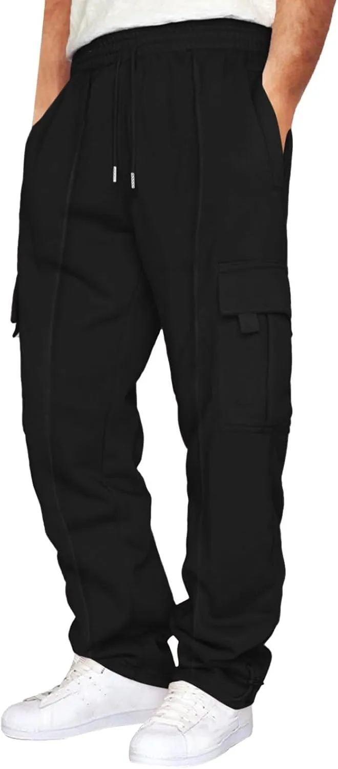 Cargo Sweatpants for Men Fleece Elastic Waist Drawstring Baggy Sweatpants Wide Leg Hiking Pants with Pockets