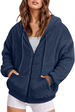 Ceboyel Women 2023 Fleece Oversized Jacket Long Sleeve Casual Fall Hoodie Full Zip Up Sweatshirt Winter Coats Outerwear