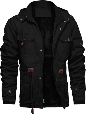 CHEXPEL Men's Thick Winter Jackets with Hood, Fleece Lining, Cotton Military Work Jackets with Cargo Pockets, Outwear