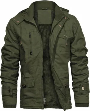 CHEXPEL Men's Thick Winter Jackets with Hood, Fleece Lining, Cotton Military Work Jackets with Cargo Pockets, Outwear