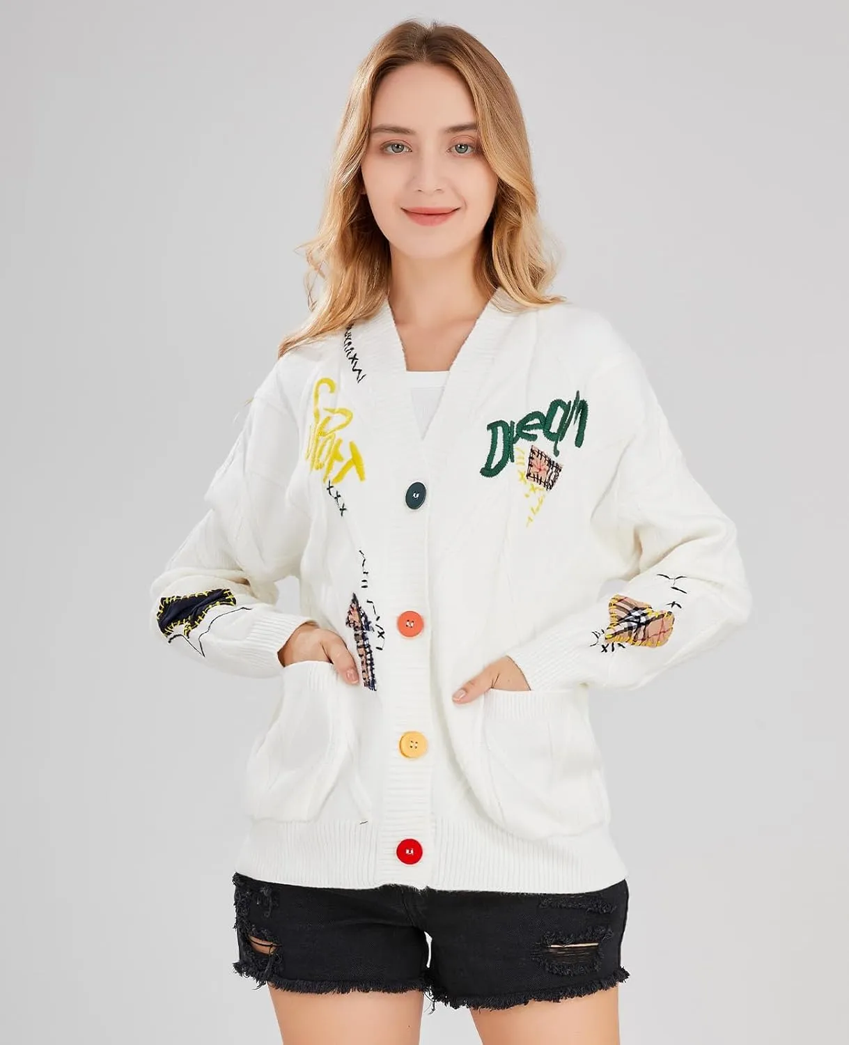 chouyatou Women's Cable Knit Embroidery Patchwork Cardigan V Neck Long Sleeve Open Front Button Down Sweater