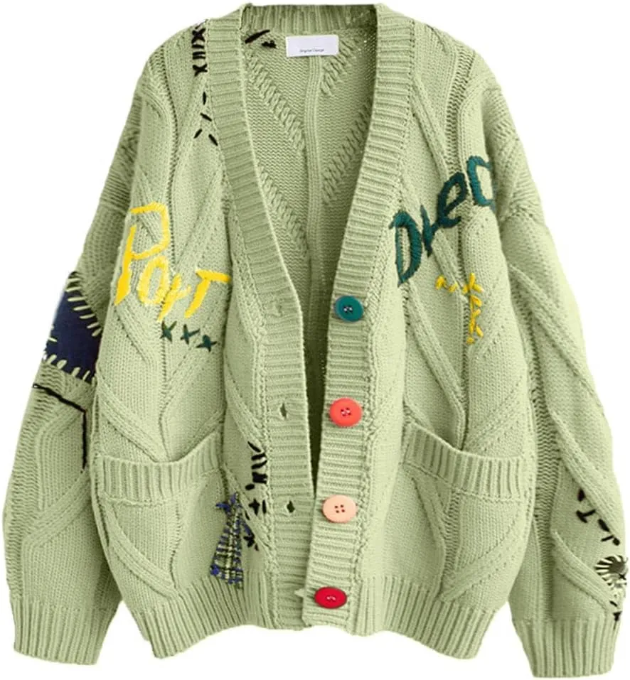chouyatou Women's Cable Knit Embroidery Patchwork Cardigan V Neck Long Sleeve Open Front Button Down Sweater