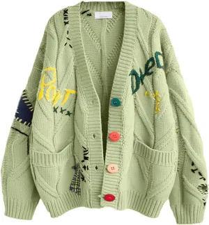 chouyatou Women's Cable Knit Embroidery Patchwork Cardigan V Neck Long Sleeve Open Front Button Down Sweater