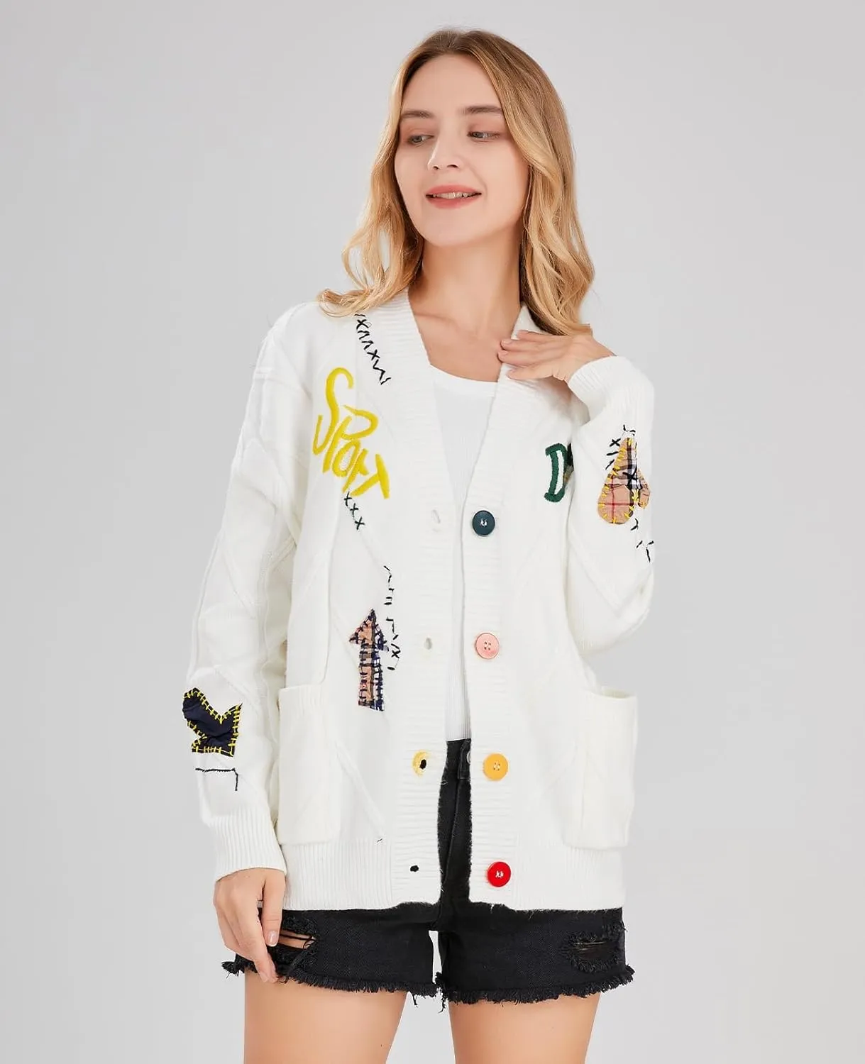 chouyatou Women's Cable Knit Embroidery Patchwork Cardigan V Neck Long Sleeve Open Front Button Down Sweater