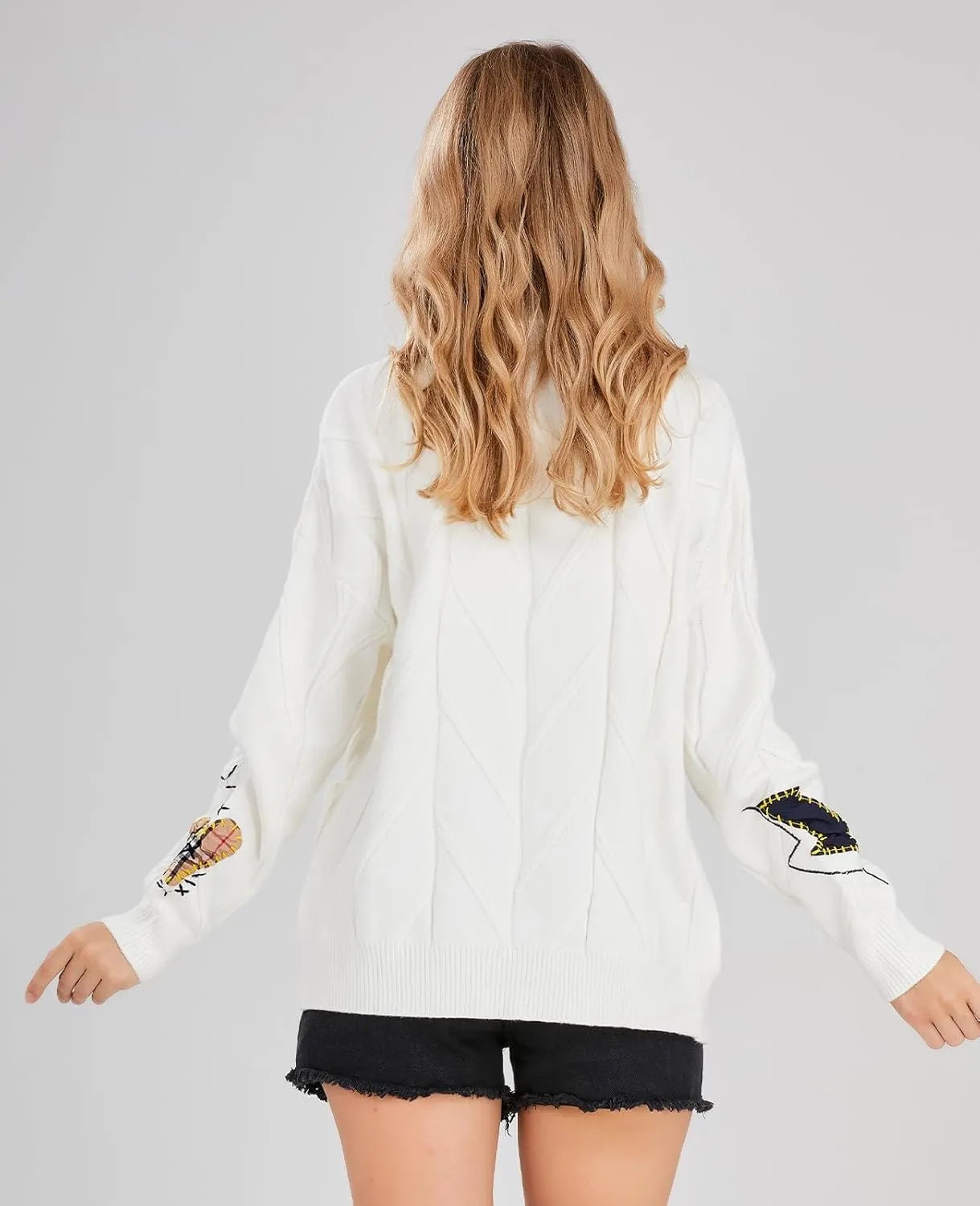 chouyatou Women's Cable Knit Embroidery Patchwork Cardigan V Neck Long Sleeve Open Front Button Down Sweater
