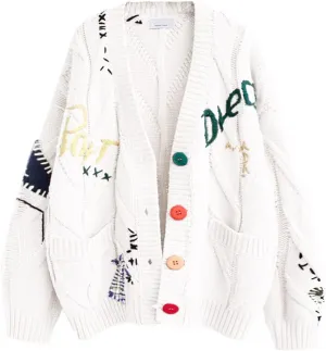 chouyatou Women's Cable Knit Embroidery Patchwork Cardigan V Neck Long Sleeve Open Front Button Down Sweater