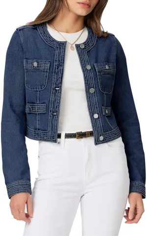 Cicy Bell Womens Cropped Denim Jackets Shirts Dressy Casual Shackets Collarless Button Down Long Sleeve Jean Coats