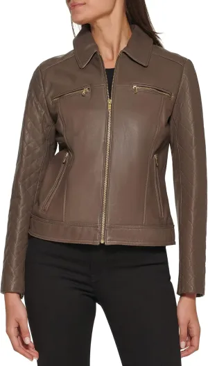 Cole Haan Women's Diamond Quilted Sleeve Shirt Collar Leather Coat