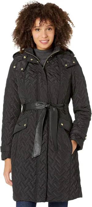Cole Haan Women's Faux Leather Belted Quilted Signature Coat