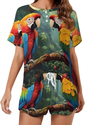 Colorful Parrot Standing on Branch Pajamas for Women Set Short Sleeve Top And Shorts Lounge Sleepwear Loungewear 2Pcs Pj Sets