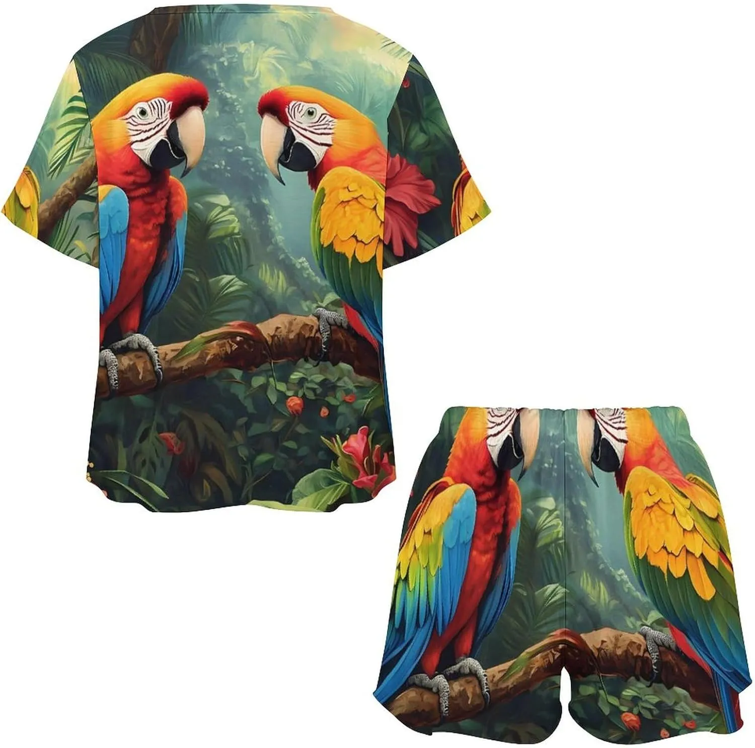 Colorful Parrot Standing on Branch Pajamas for Women Set Short Sleeve Top And Shorts Lounge Sleepwear Loungewear 2Pcs Pj Sets