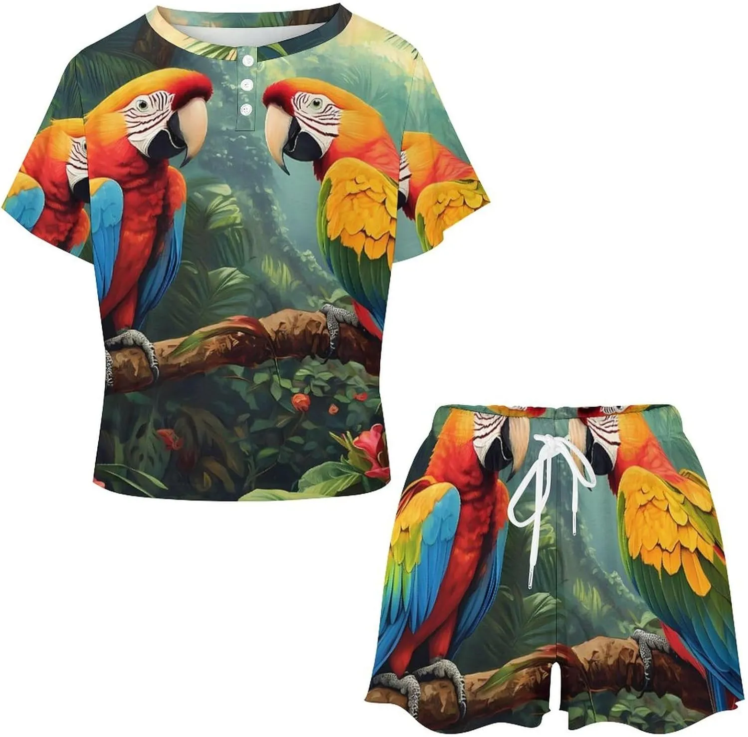 Colorful Parrot Standing on Branch Pajamas for Women Set Short Sleeve Top And Shorts Lounge Sleepwear Loungewear 2Pcs Pj Sets