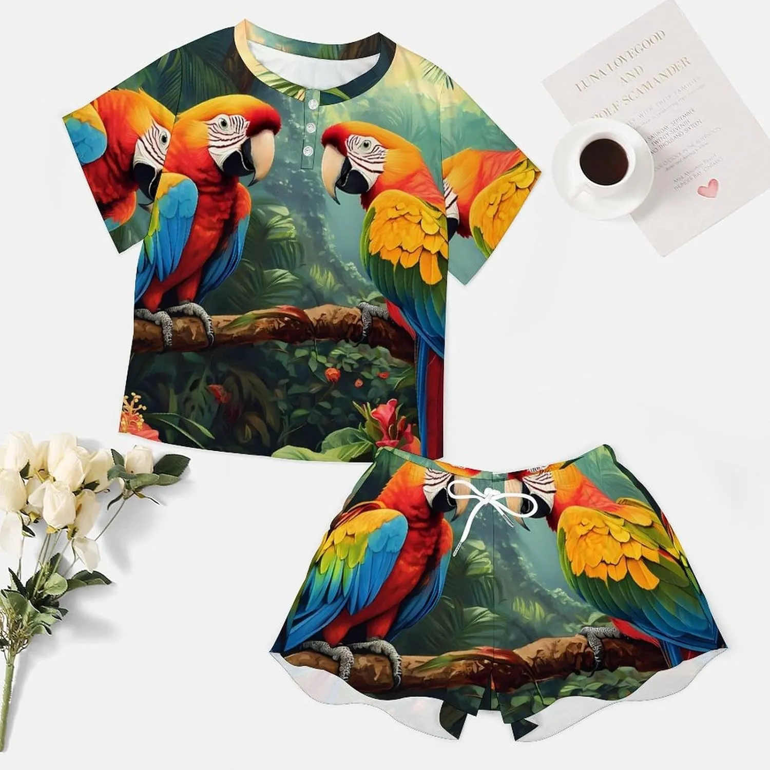 Colorful Parrot Standing on Branch Pajamas for Women Set Short Sleeve Top And Shorts Lounge Sleepwear Loungewear 2Pcs Pj Sets