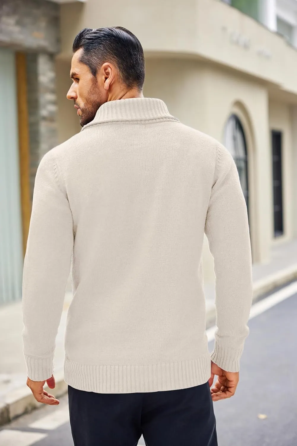COOFANDY Men's Shawl Collar Sweaters V-Neck Relaxed Fit Cable Pullovers