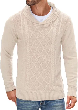 COOFANDY Men's Shawl Collar Sweaters V-Neck Relaxed Fit Cable Pullovers