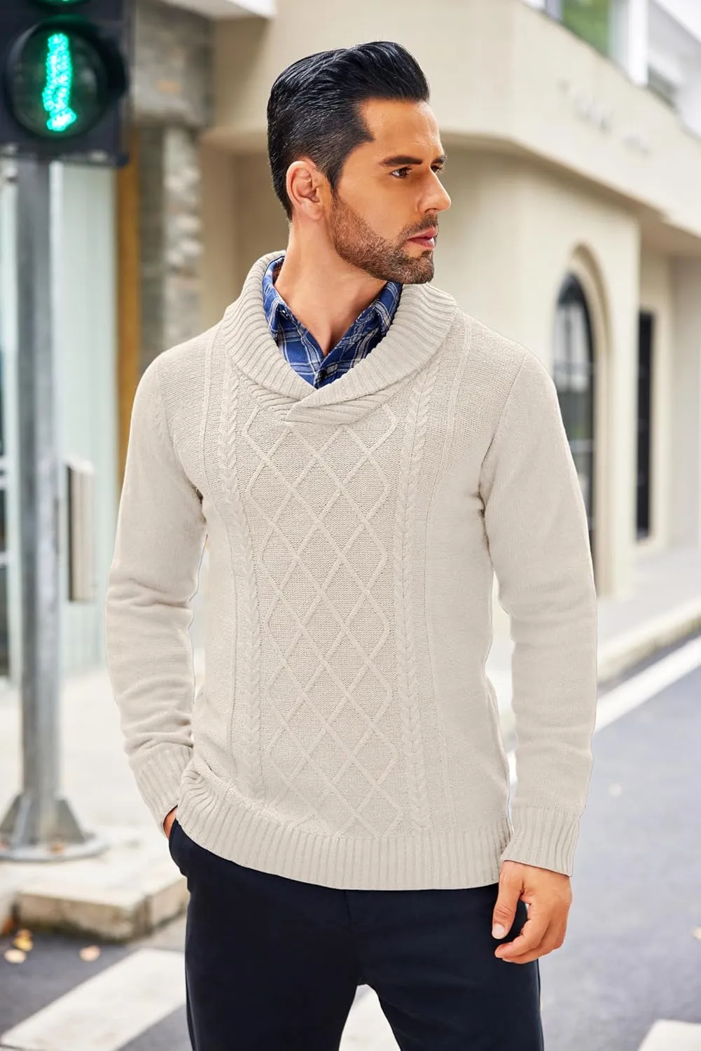 COOFANDY Men's Shawl Collar Sweaters V-Neck Relaxed Fit Cable Pullovers