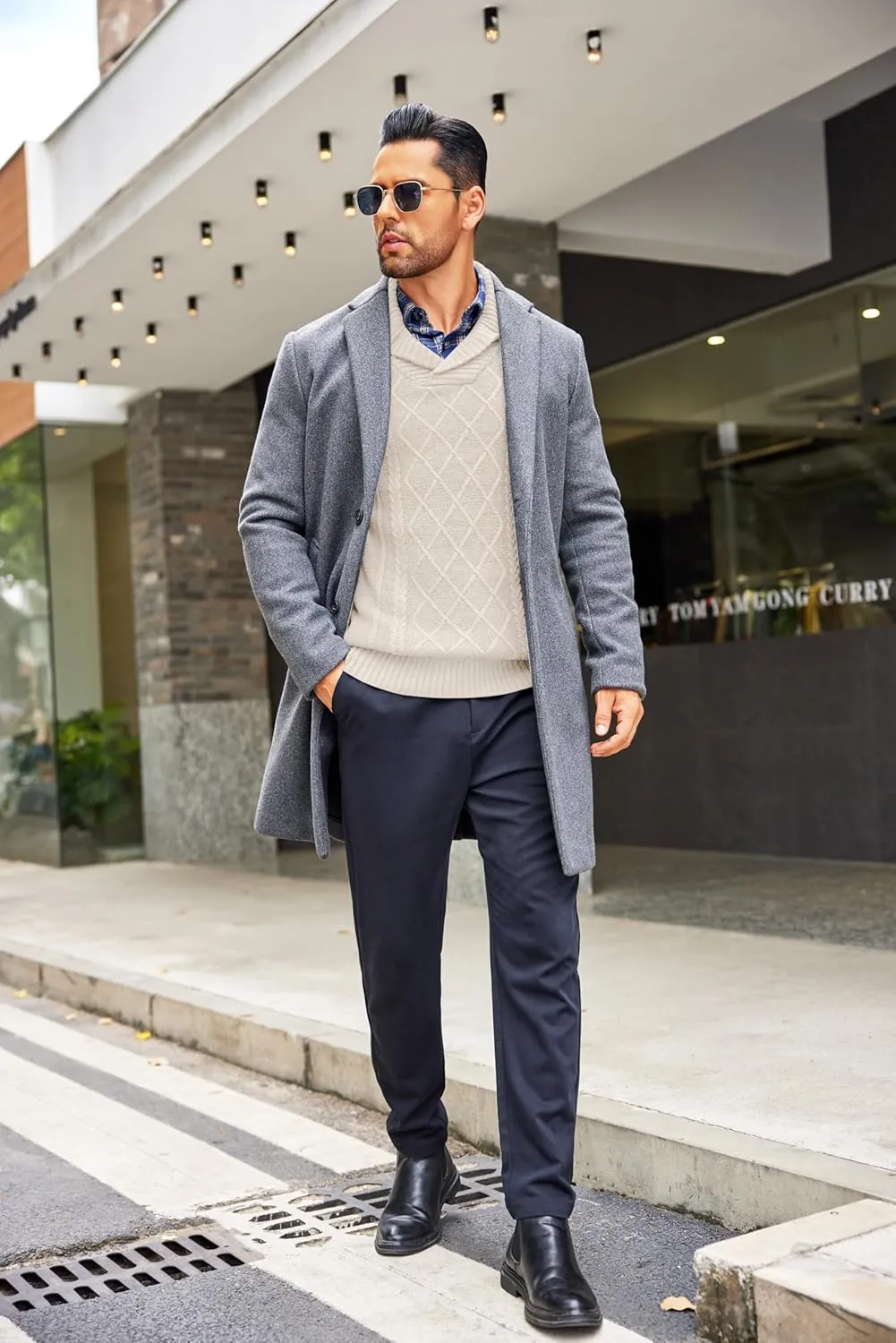 COOFANDY Men's Shawl Collar Sweaters V-Neck Relaxed Fit Cable Pullovers