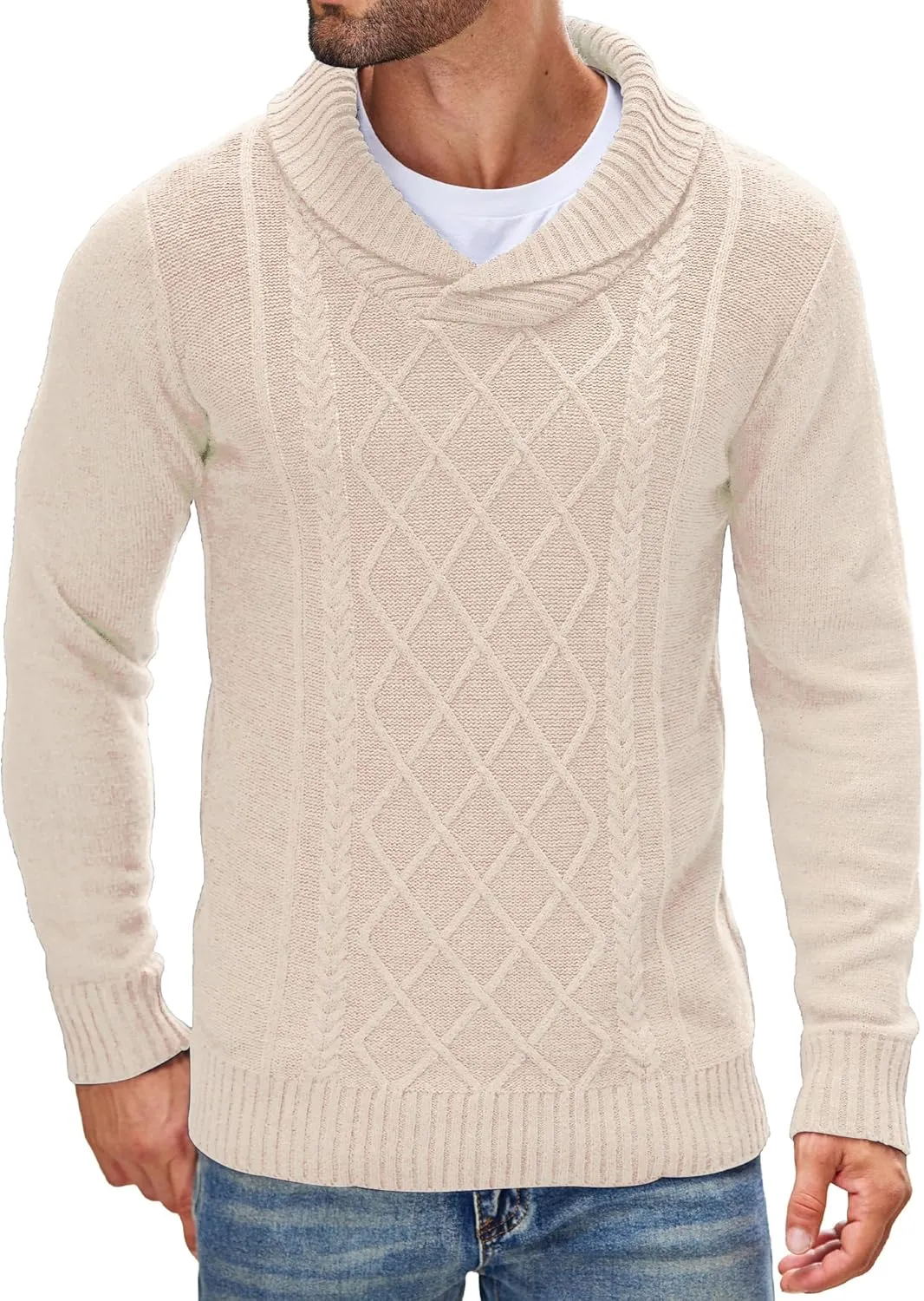 COOFANDY Men's Shawl Collar Sweaters V-Neck Relaxed Fit Cable Pullovers
