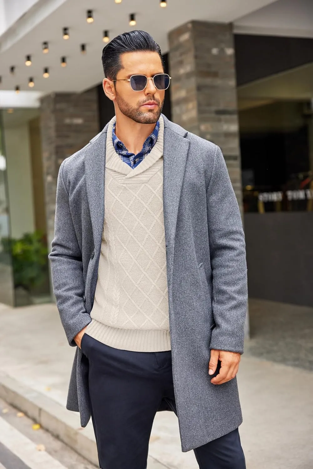 COOFANDY Men's Shawl Collar Sweaters V-Neck Relaxed Fit Cable Pullovers